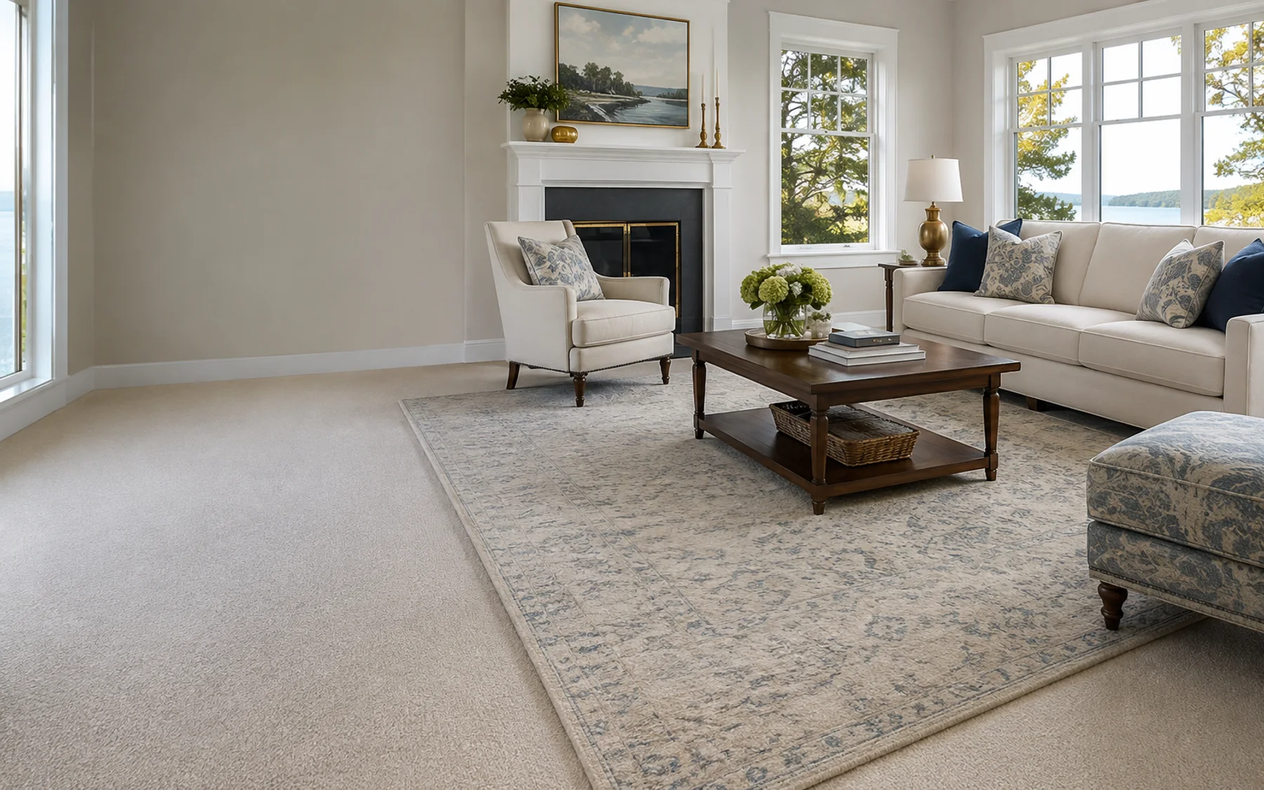 Sunlit North Shore living room with a clean area rug and carpet